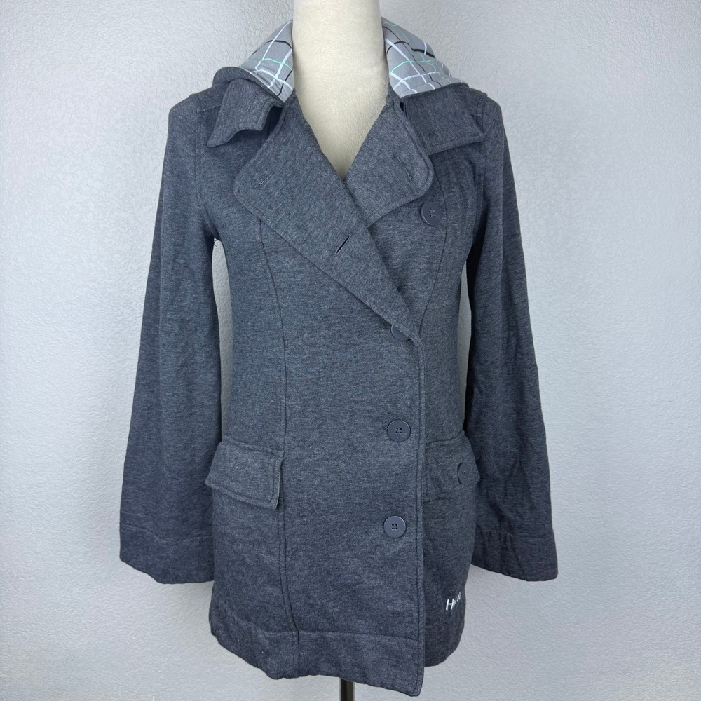 Hurley Women's Gray Double Breasted Hooded Pea Coat Jacket XS Plaid Lined Hood